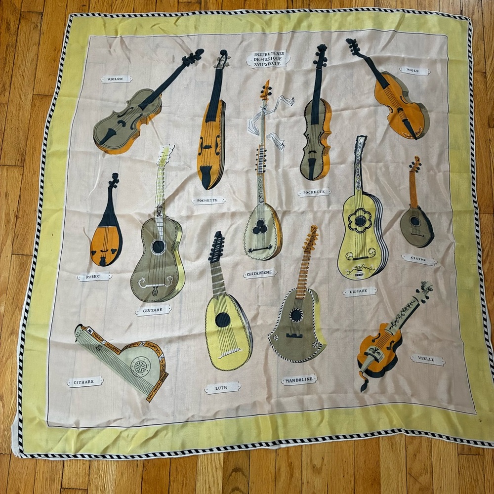 Vintage Silk Scarf Featuring Illustrations Of Various String Musical Instruments